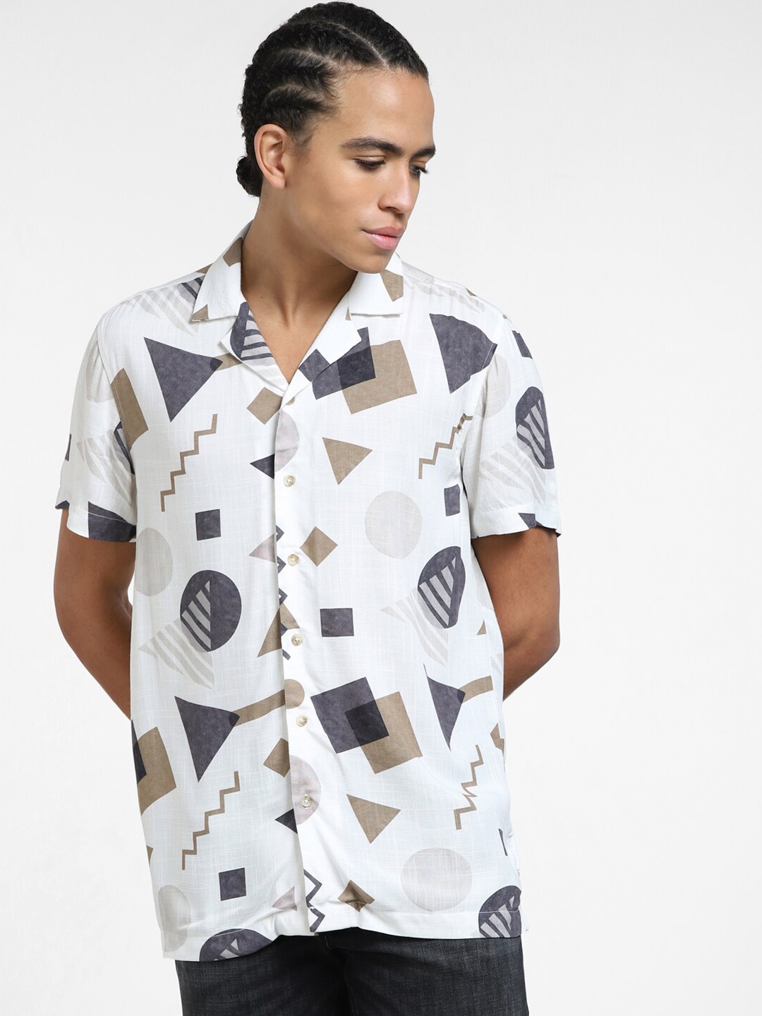 

Jack & Jones Geometric Printed Spread Collar Casual Shirt, White
