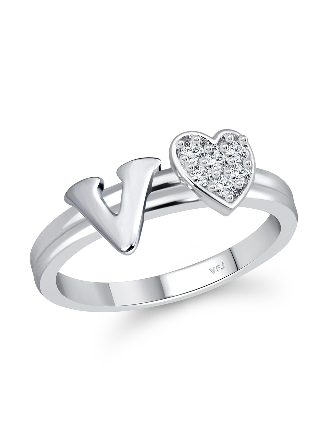 

Vighnaharta Rhodium-Plated Cubic Zirconia Studded Alphabet V Finger Ring, Silver