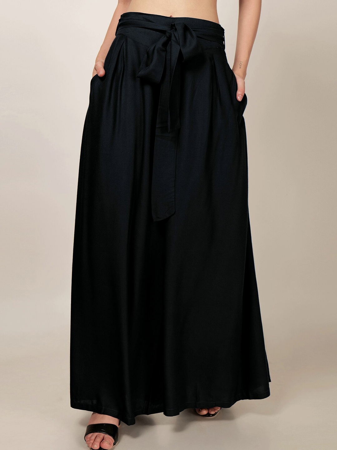 

PATRORNA Wide Leg Fit Tie-Up Palazzos, Black