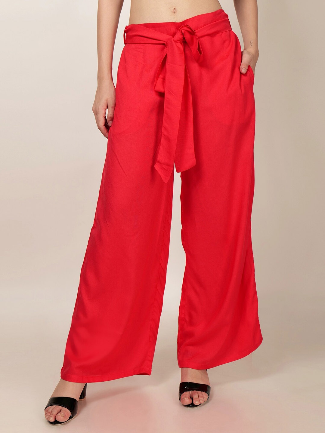 

PATRORNA Mid Rise Tie-up Detail Ankle Length Palazzos, Red