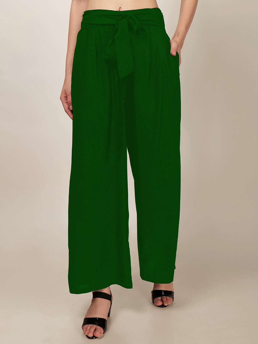 

PATRORNA Mid Rise Tie-up Detail Ankle Length Palazzos, Green