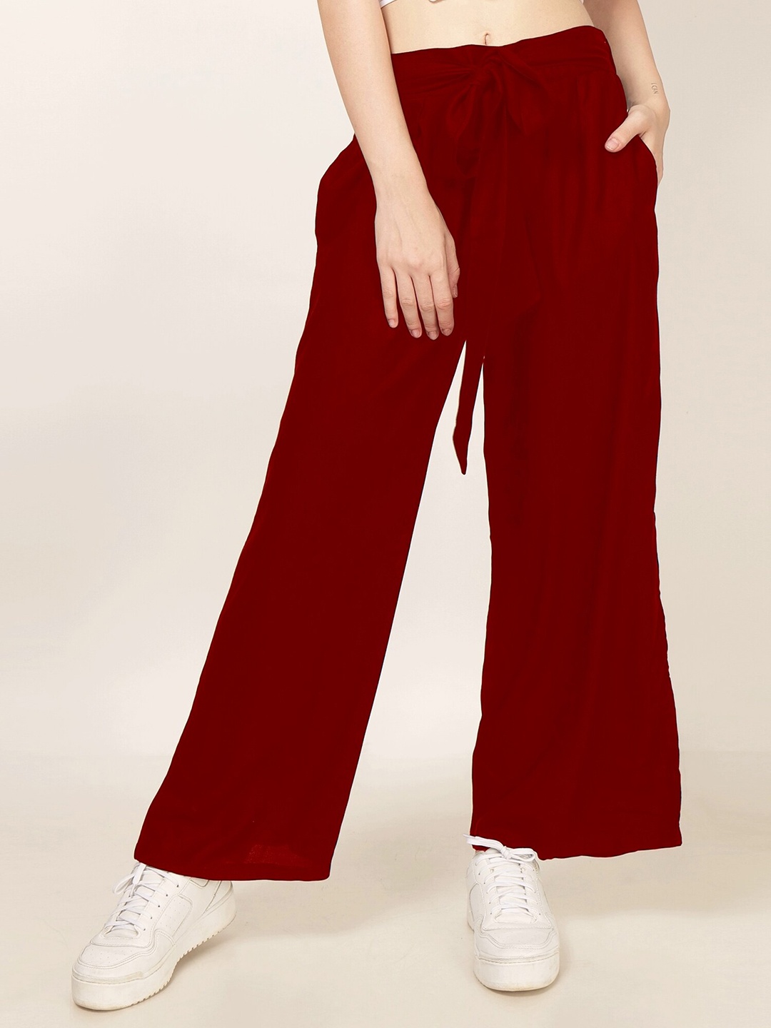 

PATRORNA Tie-Up Detail Pleated Wide Leg Palazzos, Maroon