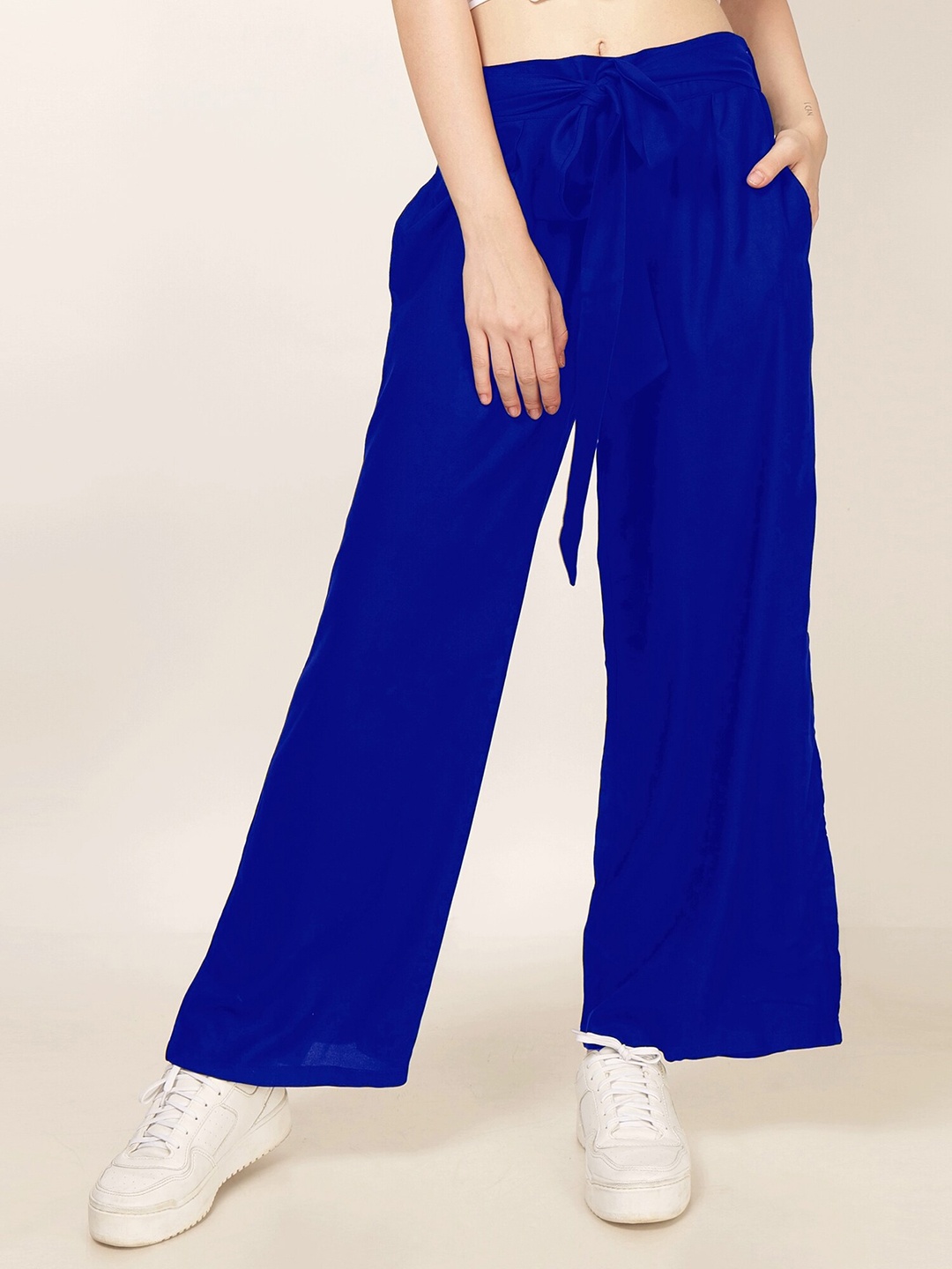 

PATRORNA Mid Rise Tie-up Detail Ankle Length Palazzos, Blue