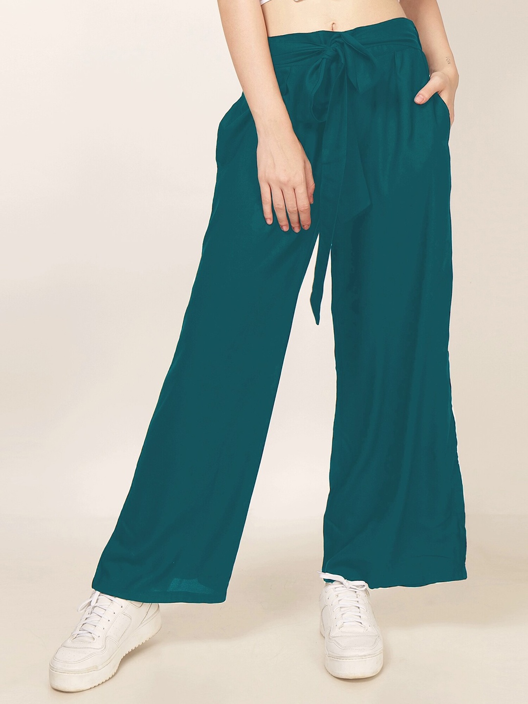 

PATRORNA Wide Leg Fit Tie-Up Pleated Palazzos, Green