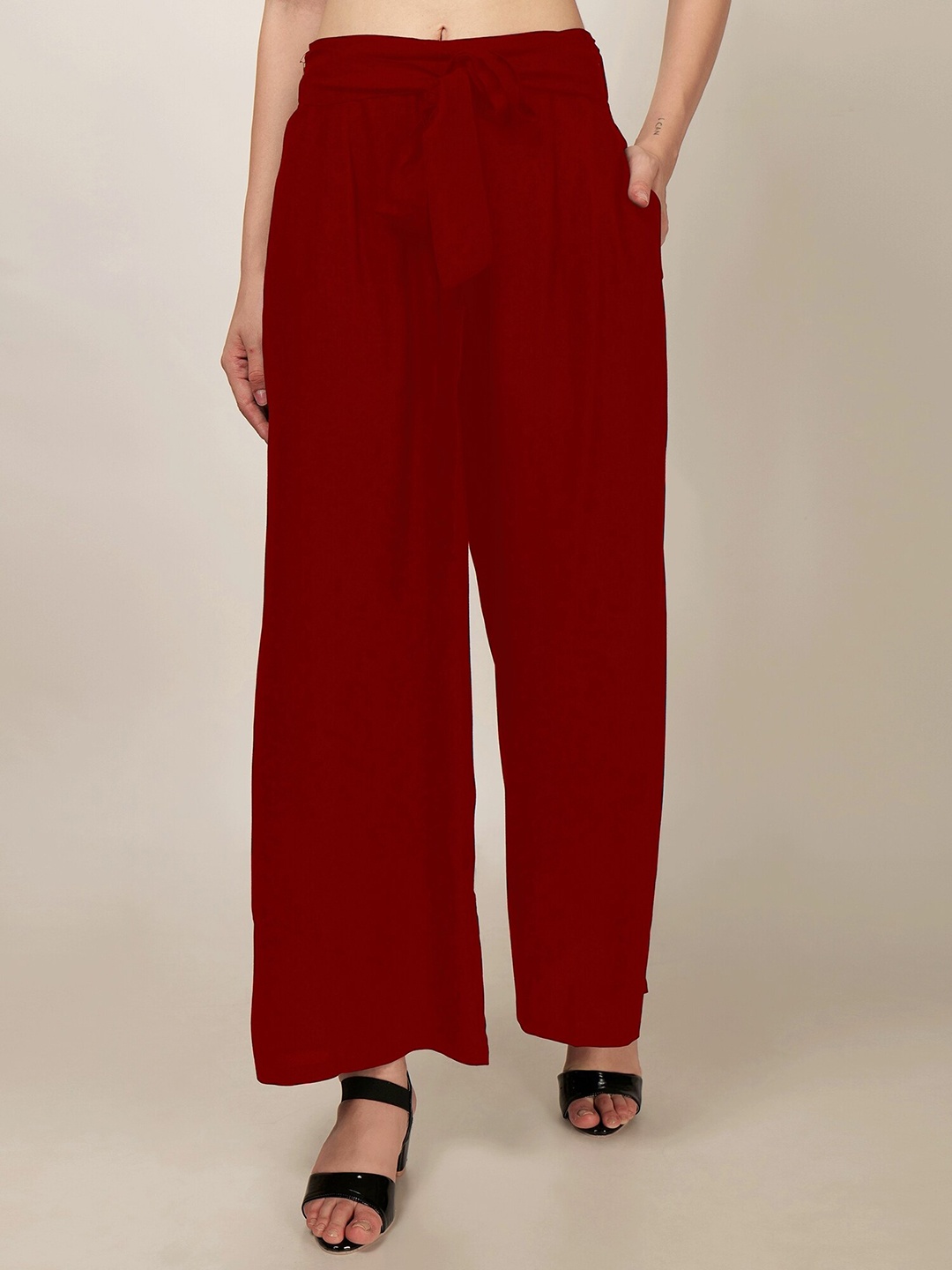 

PATRORNA Mid Rise Tie-up Detail Ankle Length Palazzos, Maroon