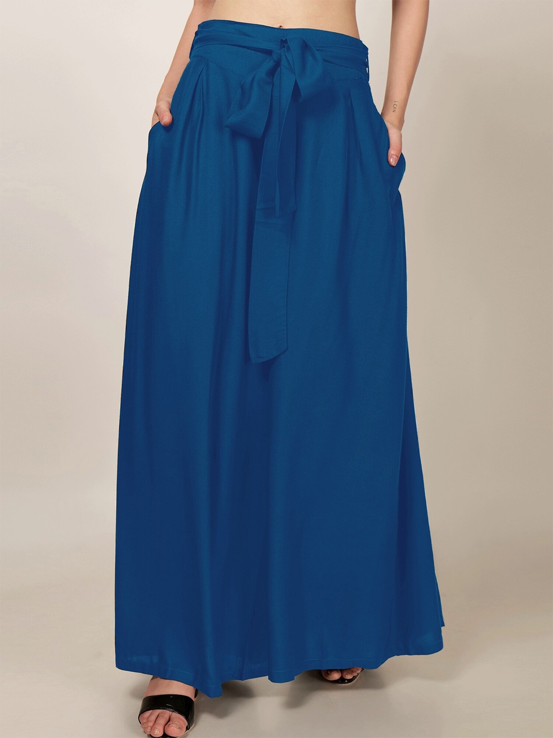 

PATRORNA Mid Rise Tie-up Detail Ankle Length Palazzos, Blue