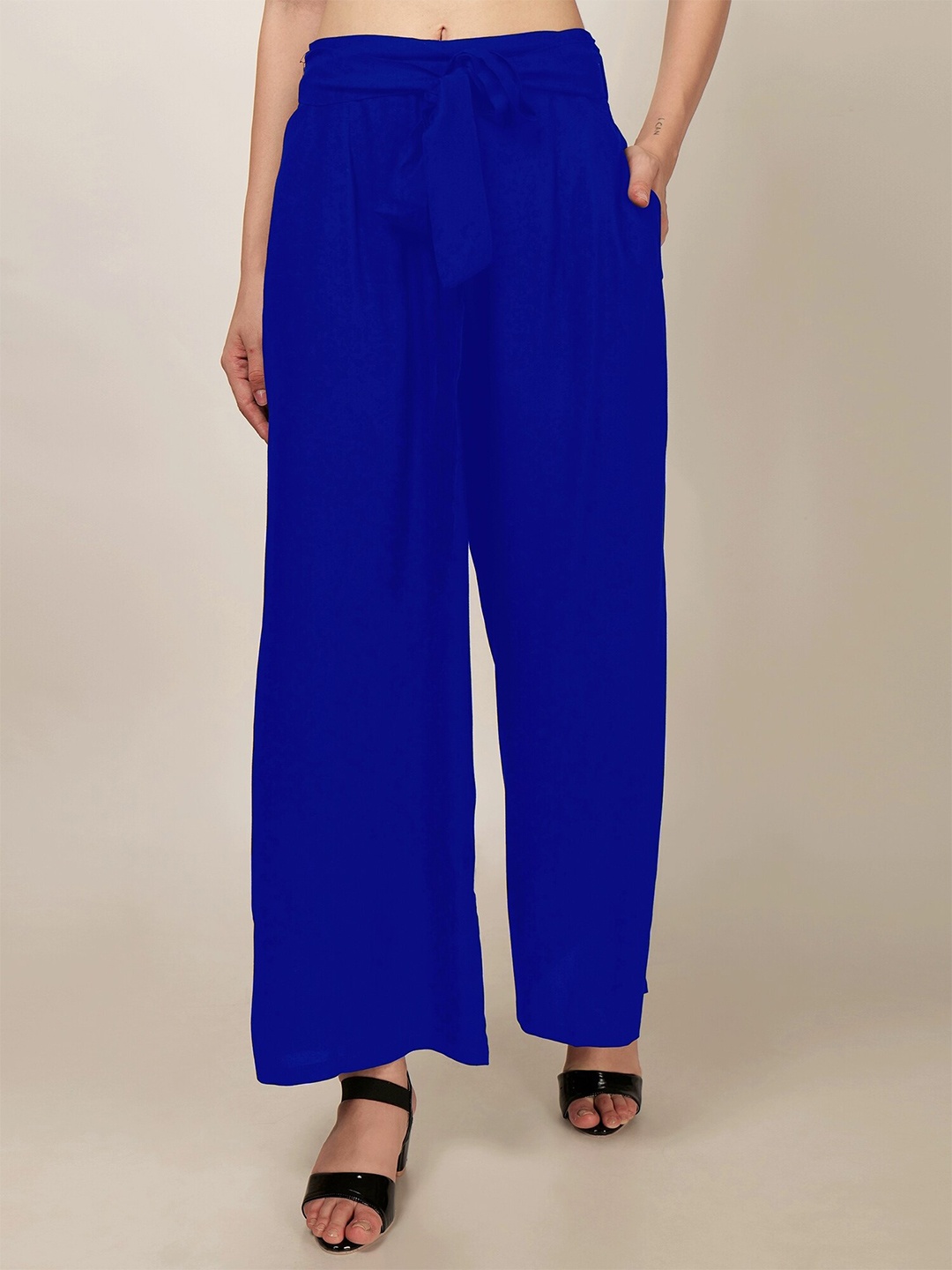 

PATRORNA Mid Rise Tie-up Detail Ankle Length Palazzos, Blue
