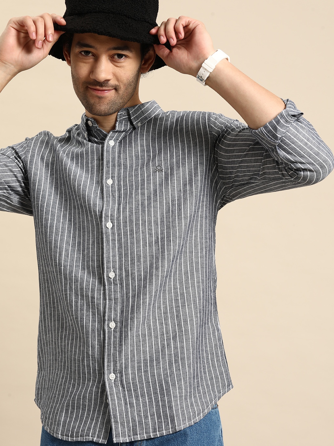 

United Colors of Benetton Slim Fit Striped Casual Shirt, Grey