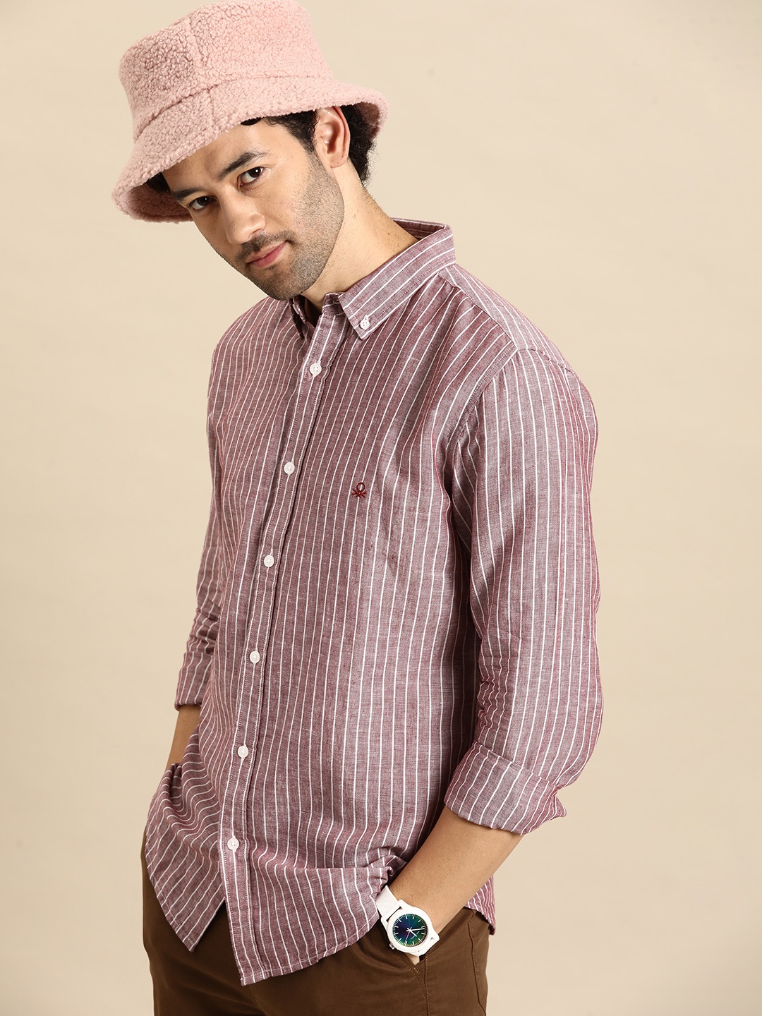 

United Colors of Benetton Slim Fit Striped Casual Shirt, Mauve