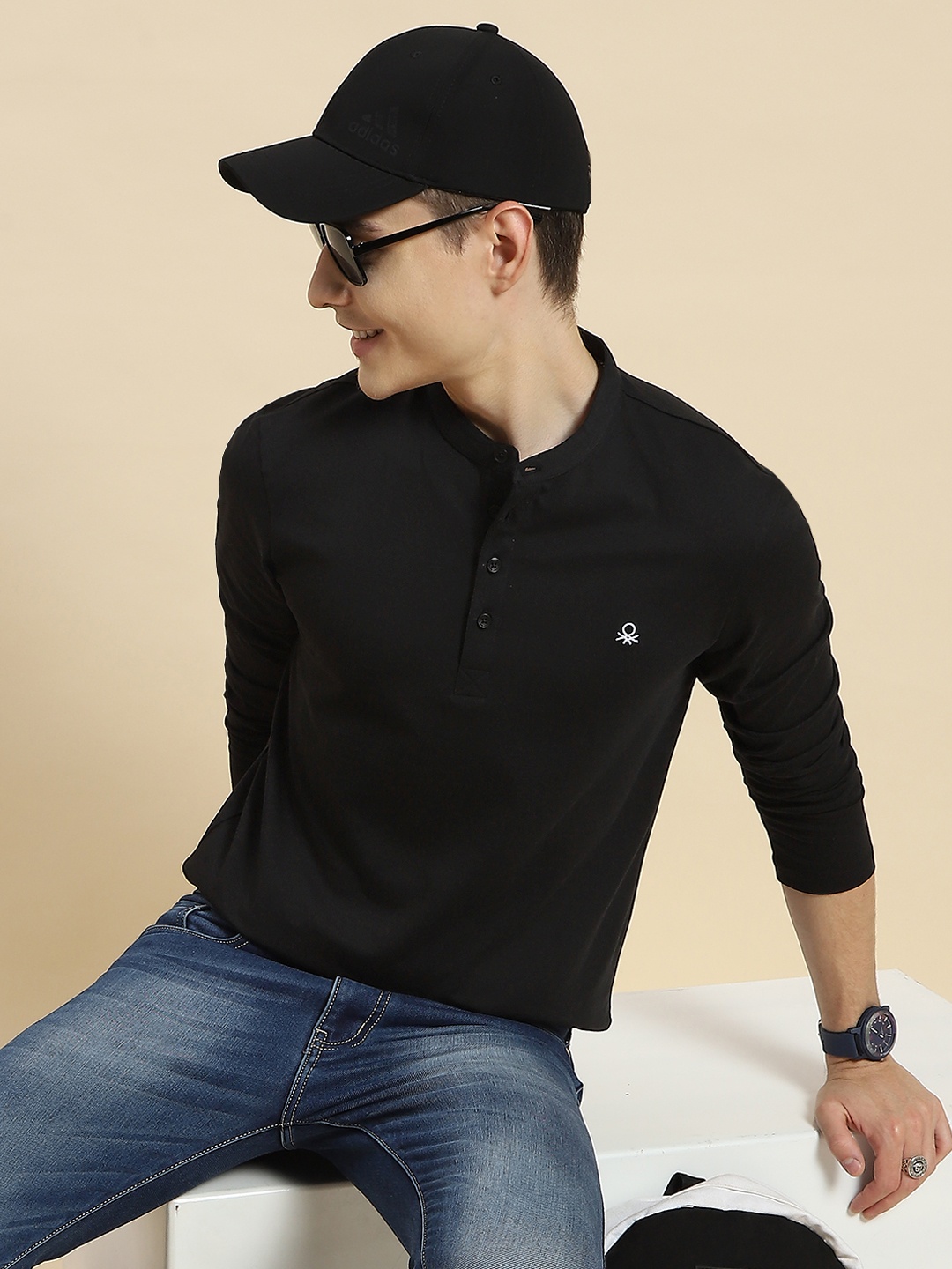 

United Colors of Benetton Henley Neck Pure Cotton Slim Fit T-shirt, Black
