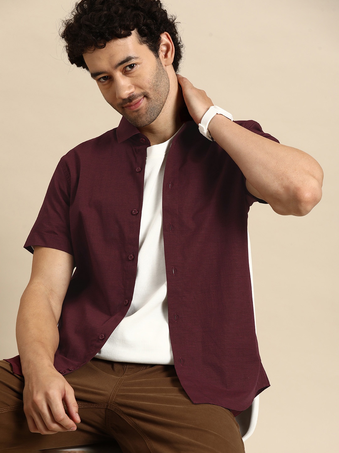 

United Colors of Benetton Pure Cotton Slim Fit Opaque Casual Shirt, Maroon