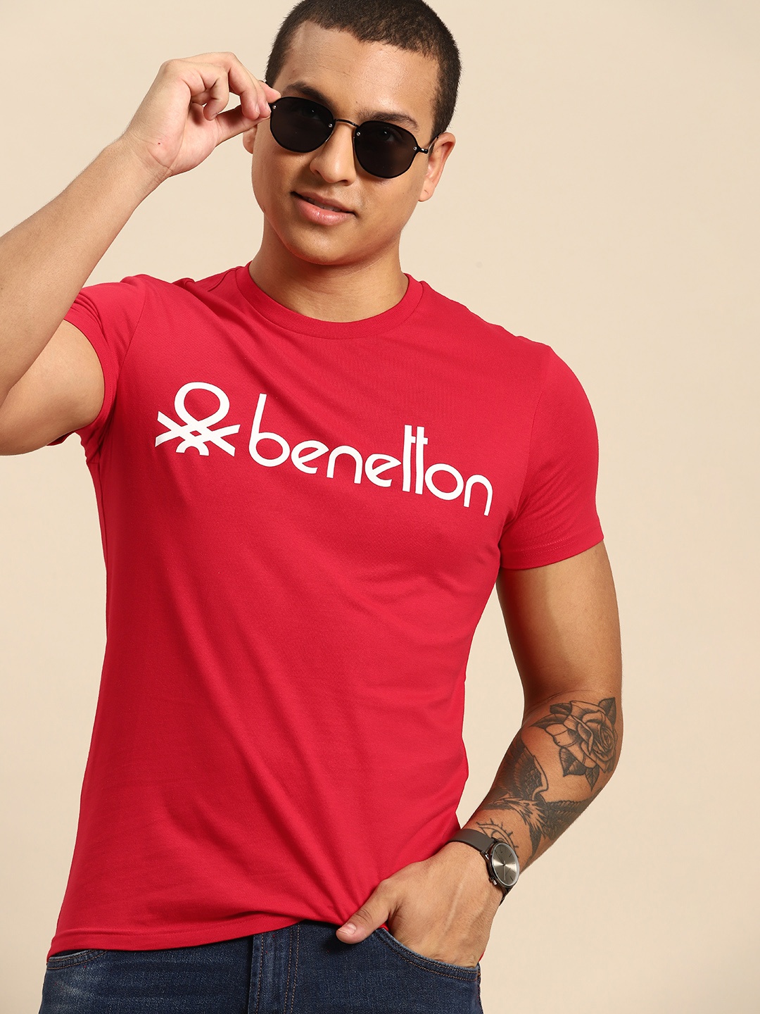 

United Colors of Benetton Men Brand Logo Printed Pure Cotton T-shirt, Red