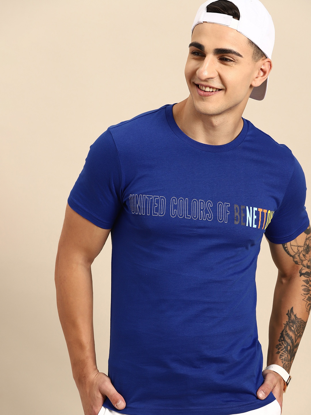 

United Colors of Benetton Men Brand Logo Printed Pure Cotton T-shirt, Blue