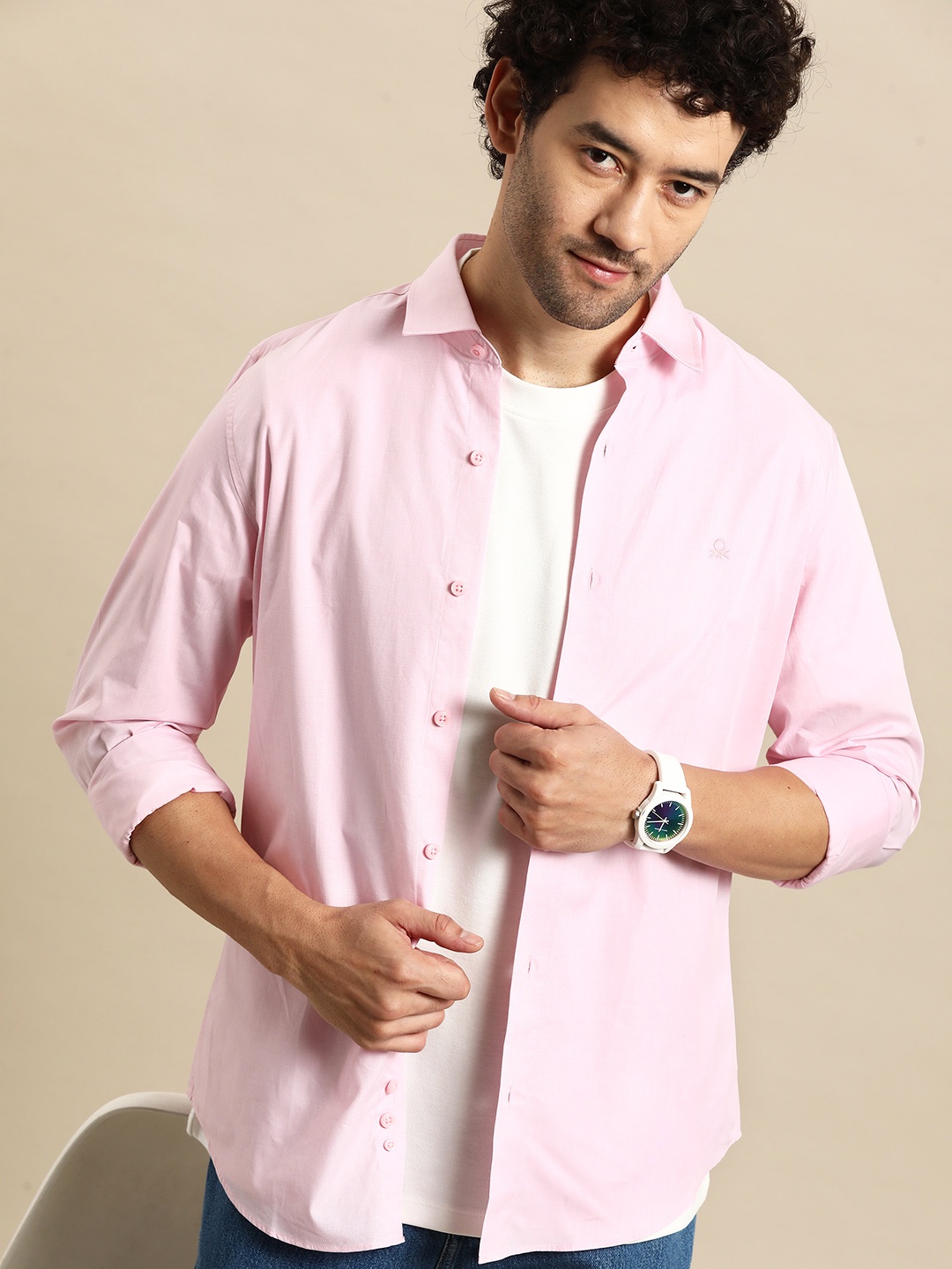 

United Colors of Benetton Pure Cotton Slim Fit Opaque Casual Shirt, Pink