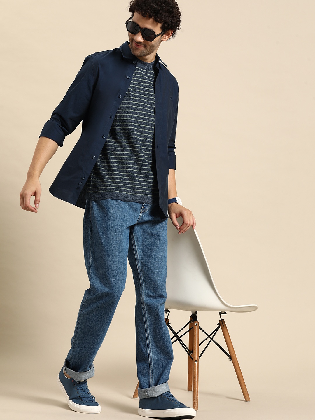 United Colors of Benetton Men Pure Cotton Casual Shirt, Navy blue