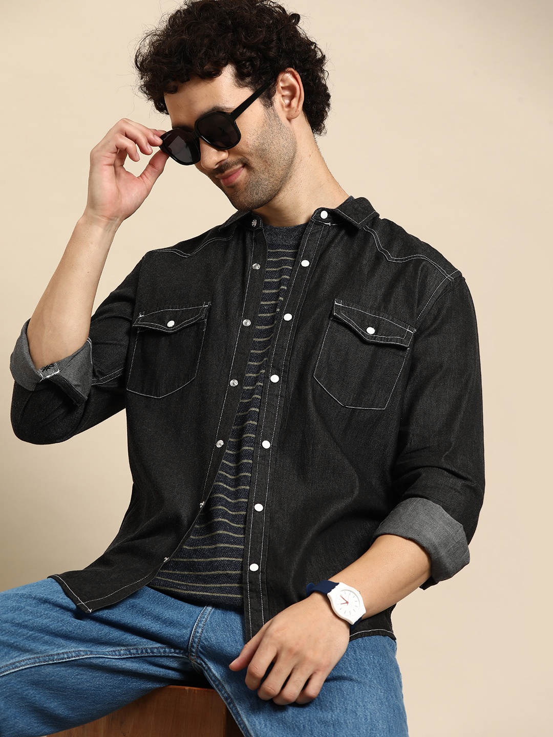 United Colors of Benetton Men Pure Cotton Denim Casual Shirt, Black