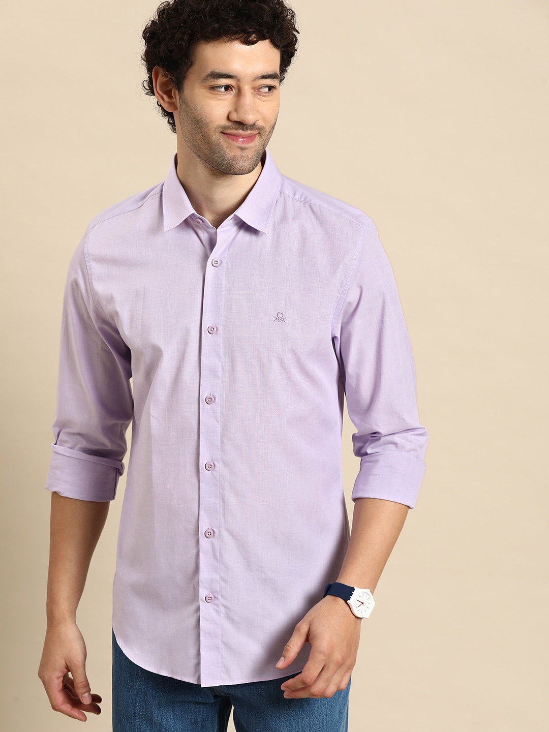 United Colors of Benetton Men Pure Cotton Casual Shirt, Lavender