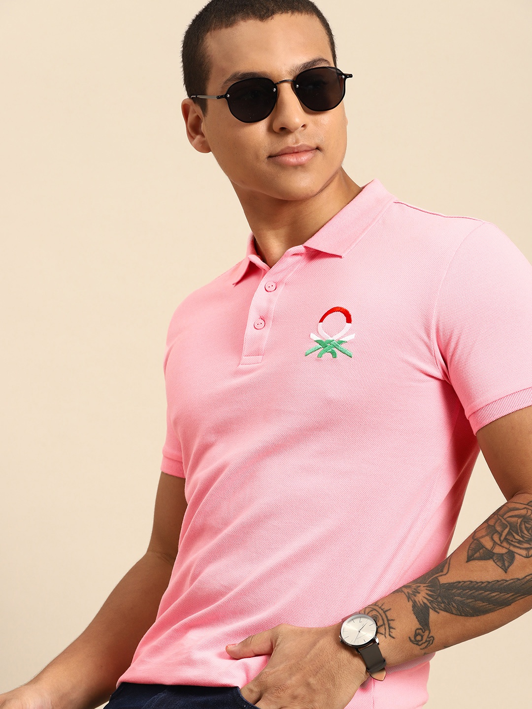 

United Colors of Benetton Men Polo Collar Pure Cotton T-shirt, Pink