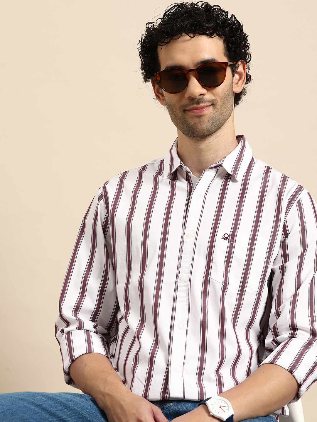 

United Colors of Benetton Pure Cotton Slim Fit Striped Casual Shirt, White