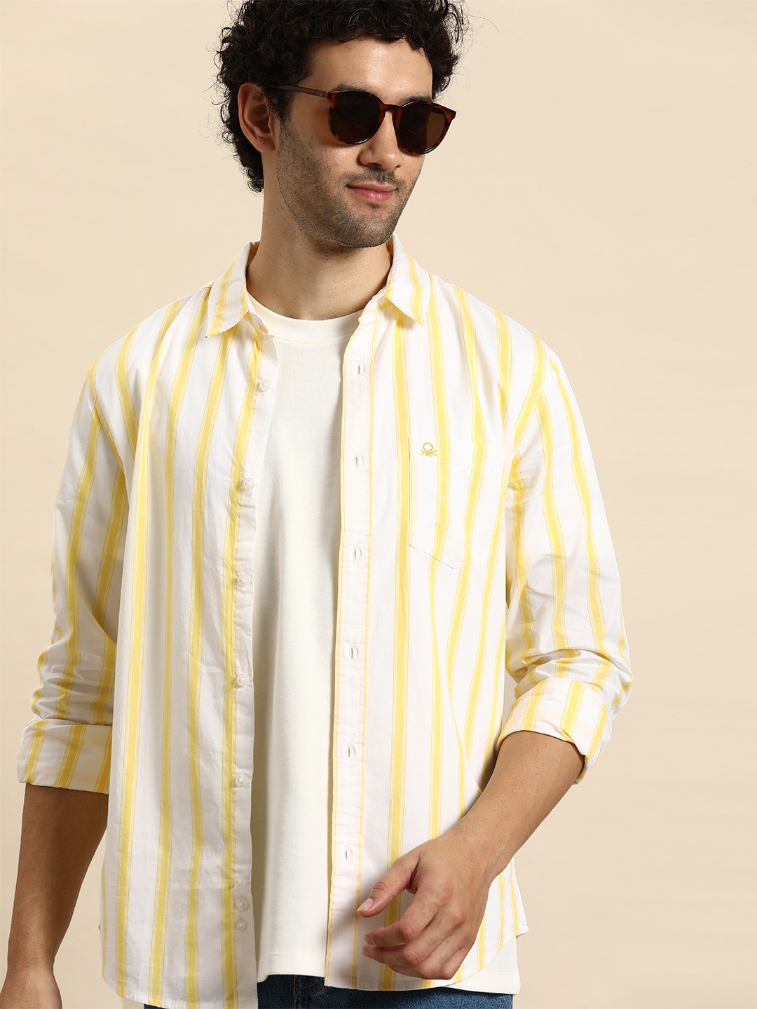 

United Colors of Benetton Pure Cotton Slim Fit Striped Casual Shirt, Yellow