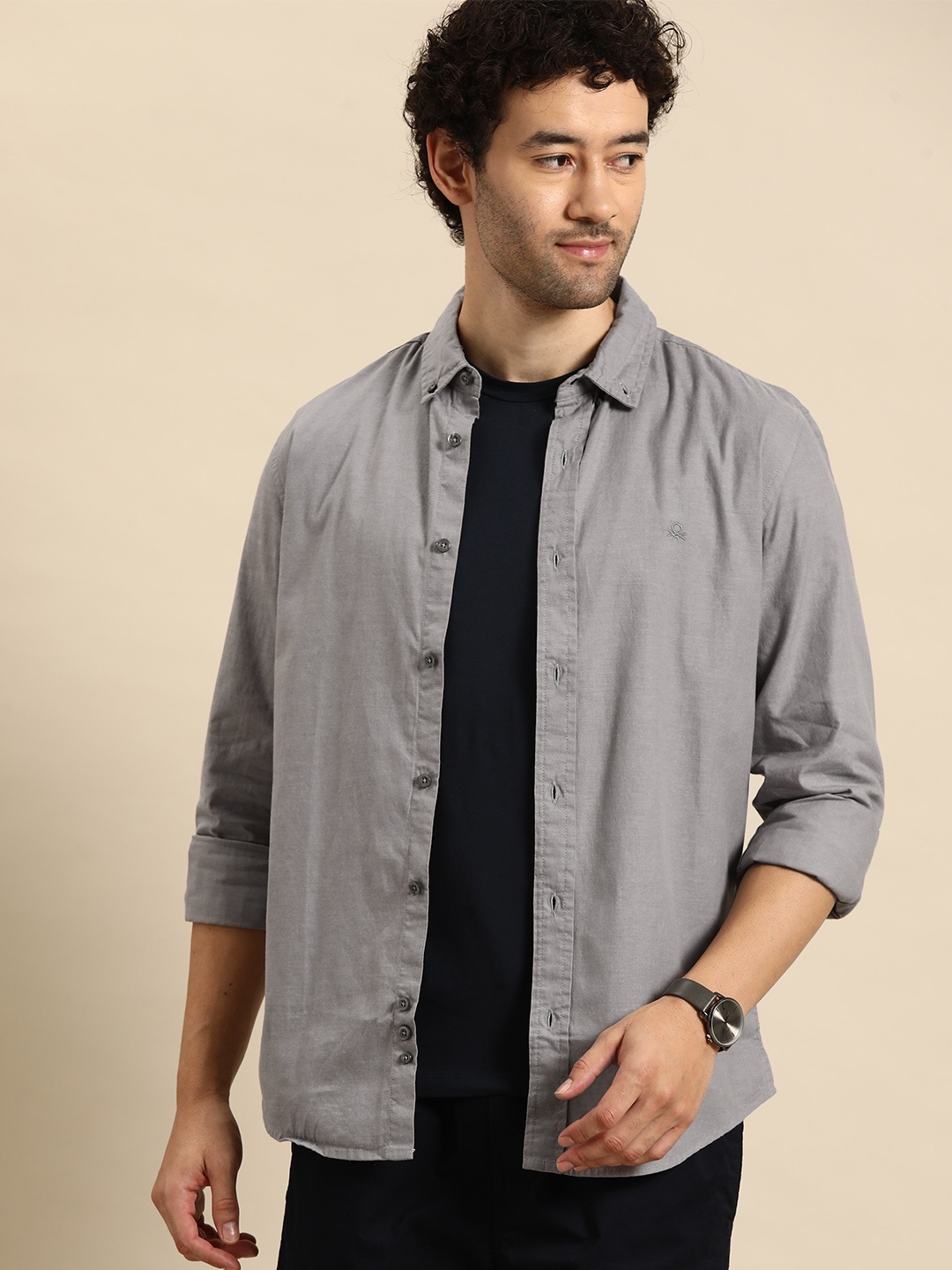 

United Colors of Benetton Pure Cotton Slim Fit Opaque Casual Shirt, Grey