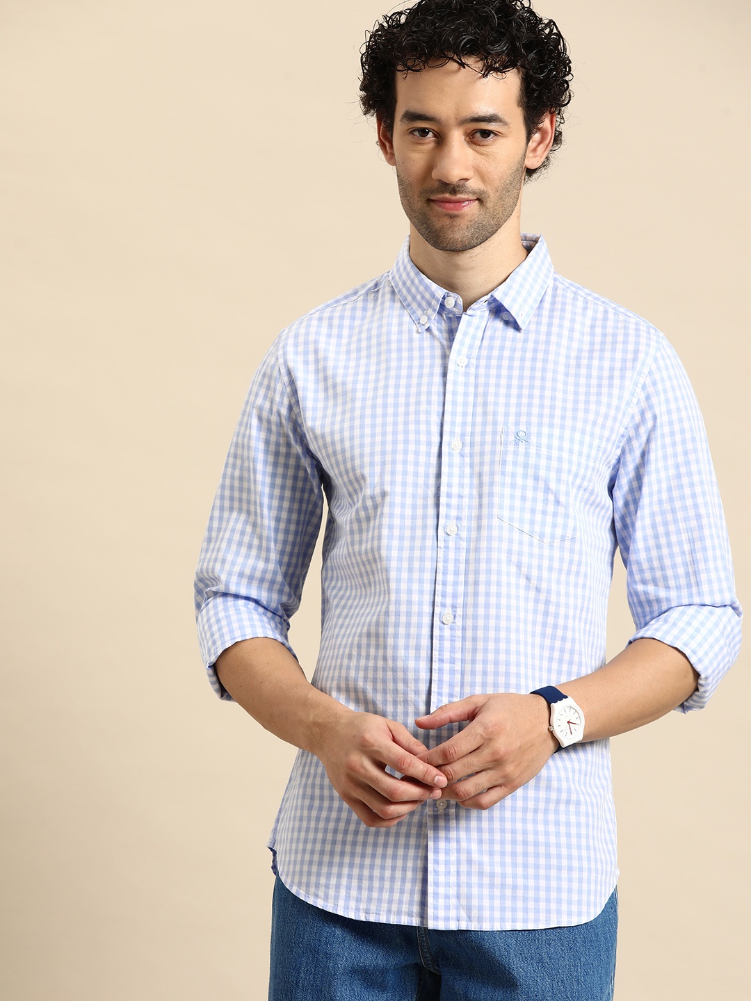 United Colors of Benetton Slim Fit Gingham Checks Cotton Shirt, Blue
