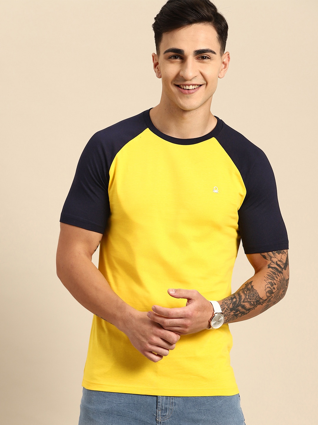 United Colors of Benetton Men Solid Pure Cotton T-shirt, Yellow