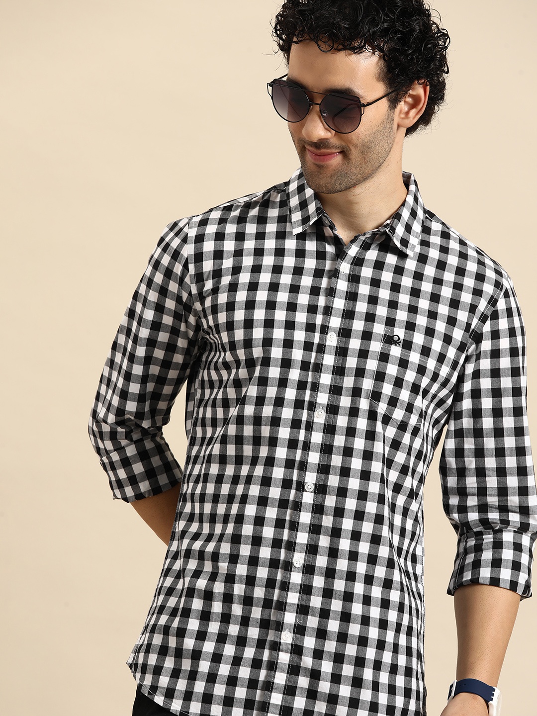 

United Colors of Benetton Slim Fit Buffalo Checks Cotton Shirt, Black