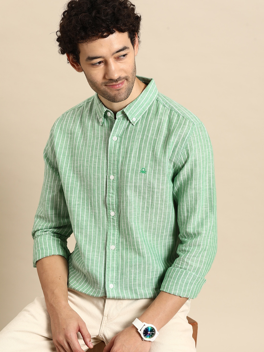 

United Colors of Benetton Slim Fit Opaque Striped Casual Shirt, Green