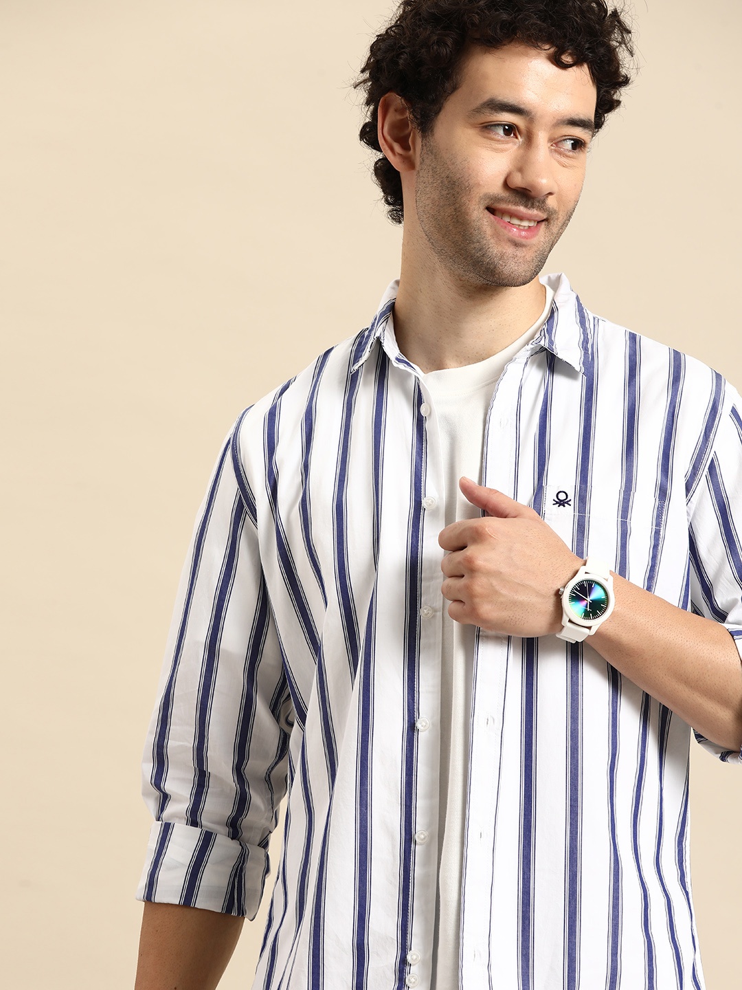 

United Colors of Benetton Pure Cotton Slim Fit Opaque Striped Casual Shirt, White