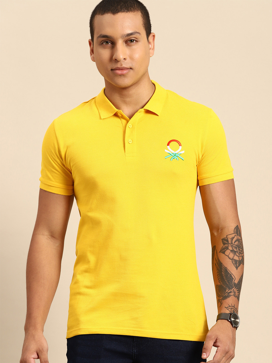 

United Colors of Benetton Men Polo Collar Pure Cotton T-shirt, Yellow