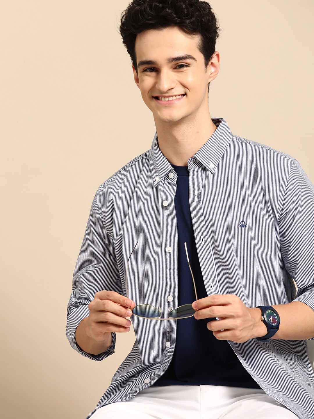

United Colors of Benetton Striped Slim Fit Pure Cotton Shirt, Blue