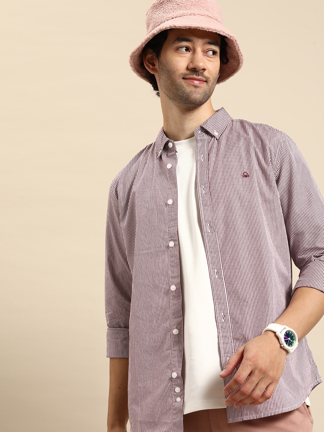 

United Colors of Benetton Pure Cotton Slim Fit Striped Casual Shirt, Mauve
