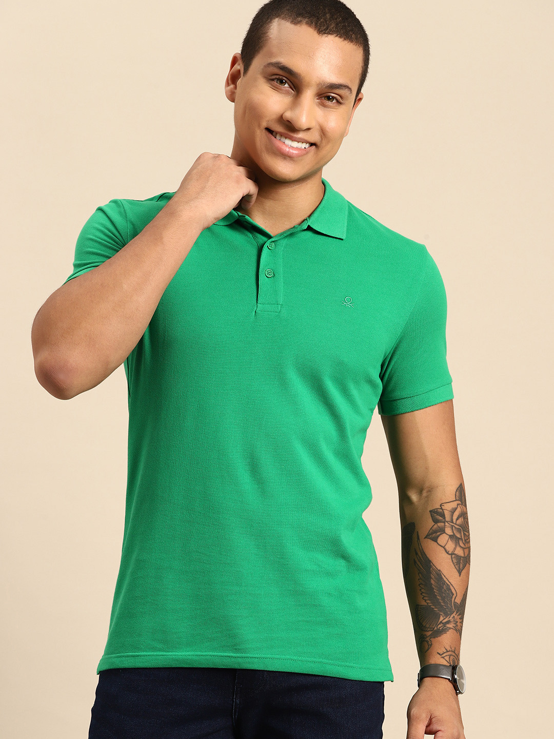 

United Colors of Benetton Men Polo Collar Pure Cotton T-shirt, Green