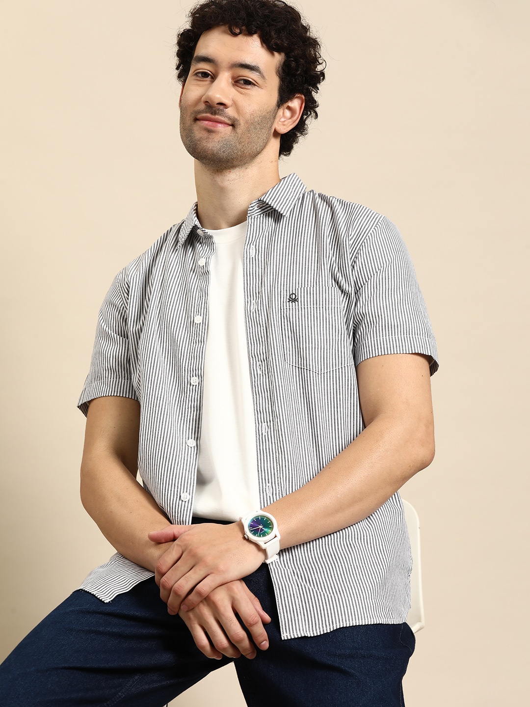 

United Colors of Benetton Pure Cotton Slim Fit Striped Casual Shirt, White