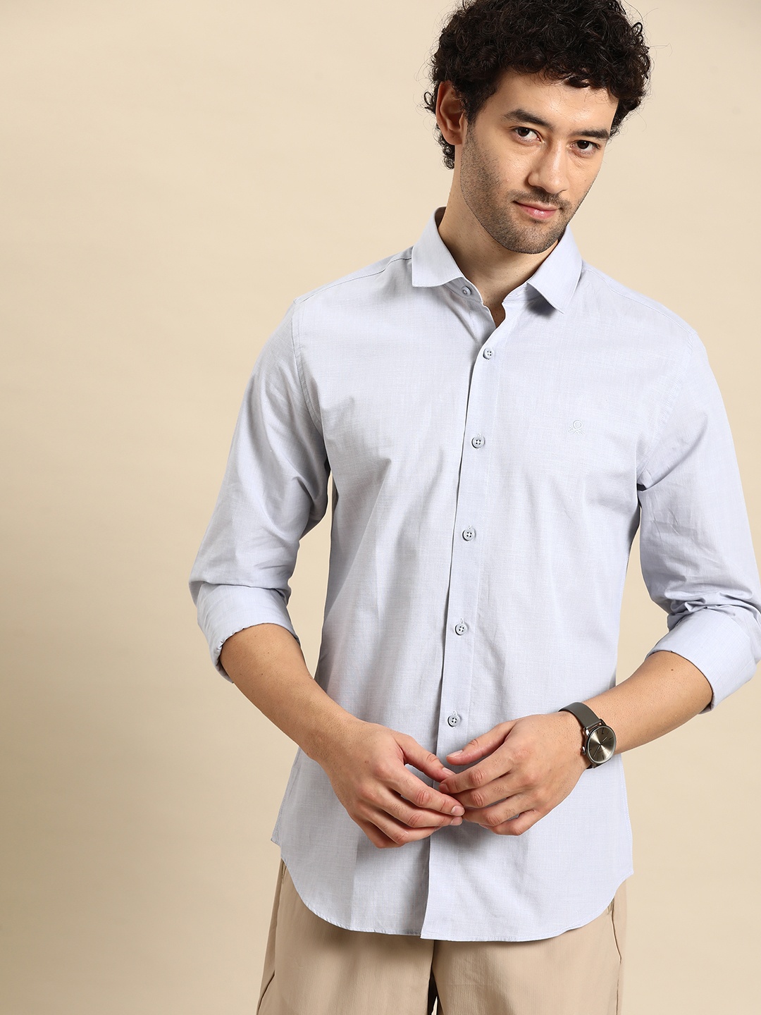 United Colors of Benetton Pure Cotton Slim Fit Opaque Casual Shirt, Grey
