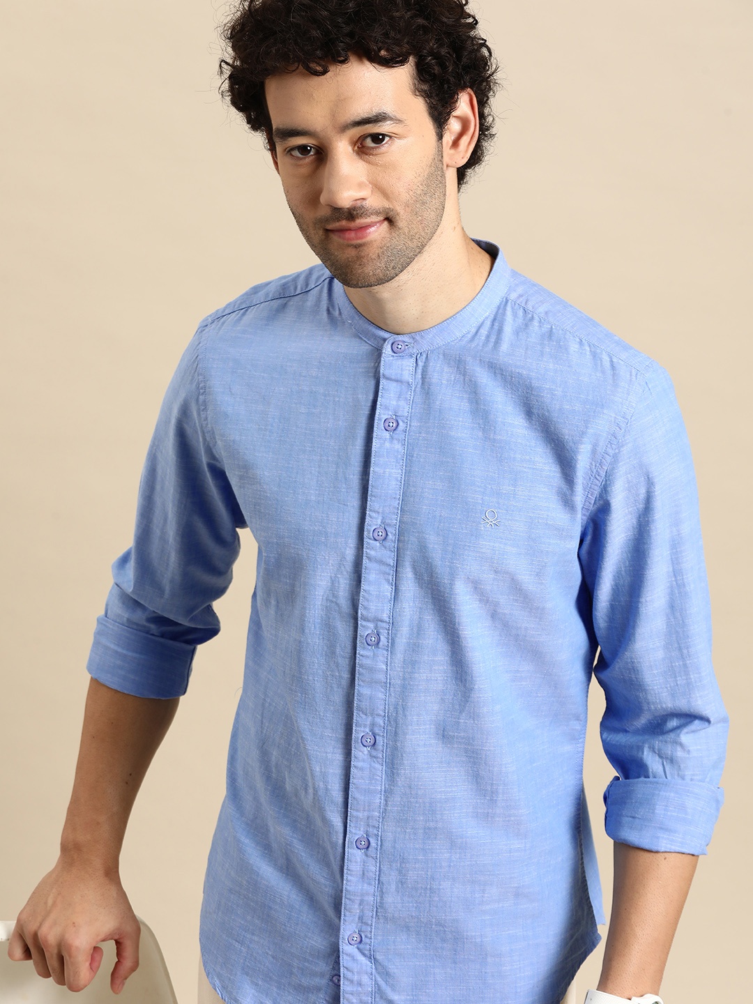 

United Colors of Benetton Pure Cotton Slim Fit Opaque Casual Shirt, Blue