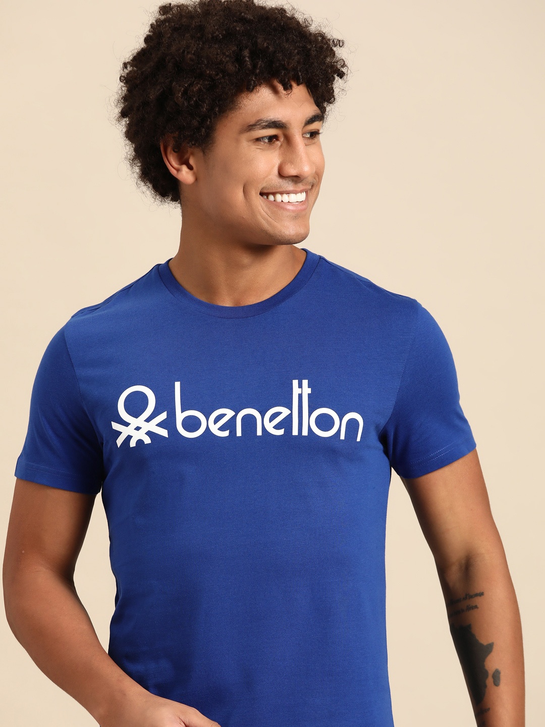 

United Colors of Benetton Men Brand Logo Printed Pure Cotton T-shirt, Blue