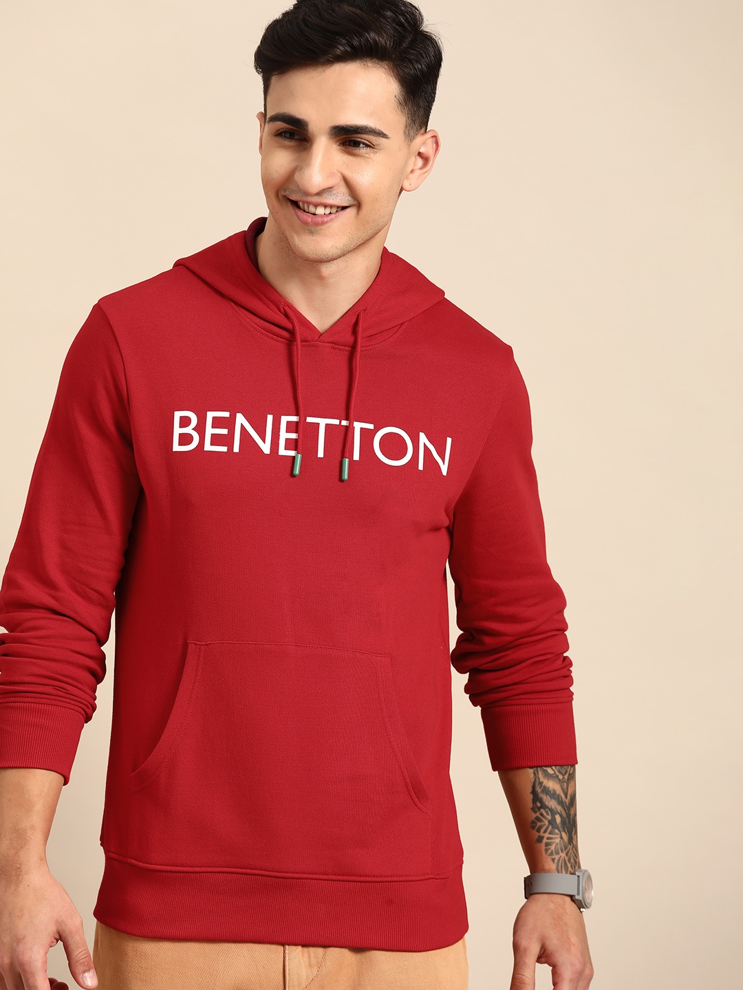 

United Colors of Benetton Men Pure Cotton Printed Hooded Sweatshirt, Red