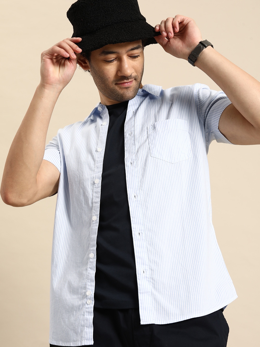 

United Colors of Benetton Pure Cotton Slim Fit Striped Casual Shirt, Blue