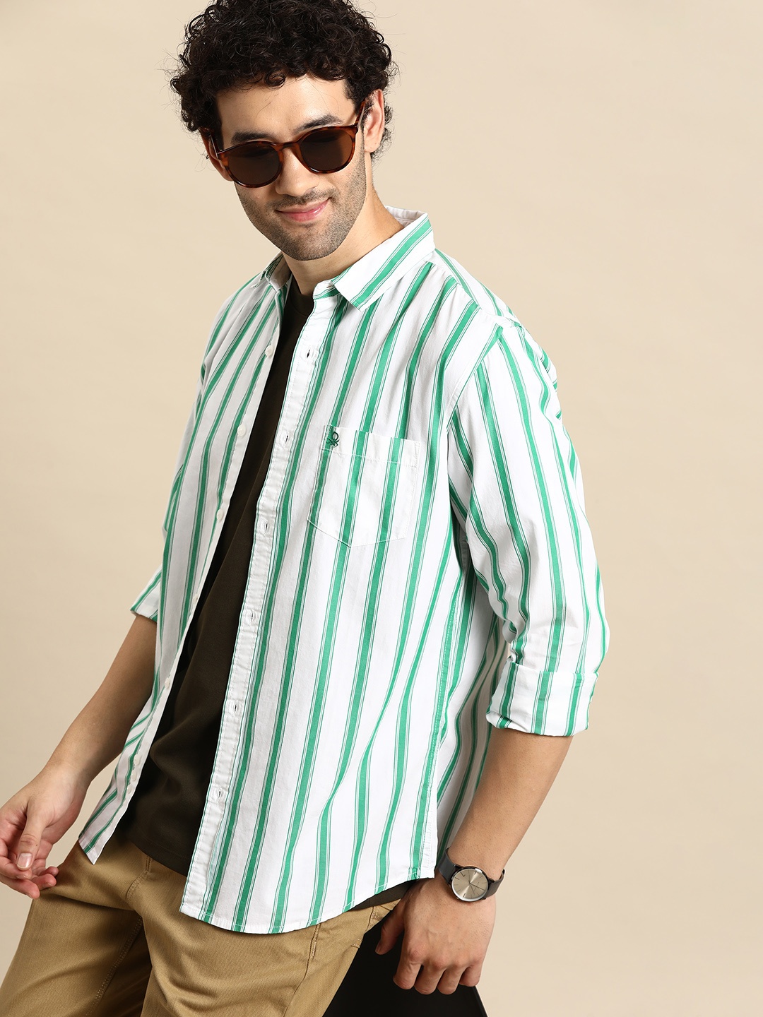 

United Colors of Benetton Pure Cotton Slim Fit Striped Casual Shirt, White
