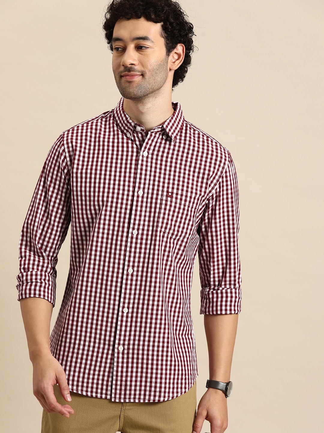 

United Colors of Benetton Pure Cotton Slim Fit Checked Casual Shirt, Mauve