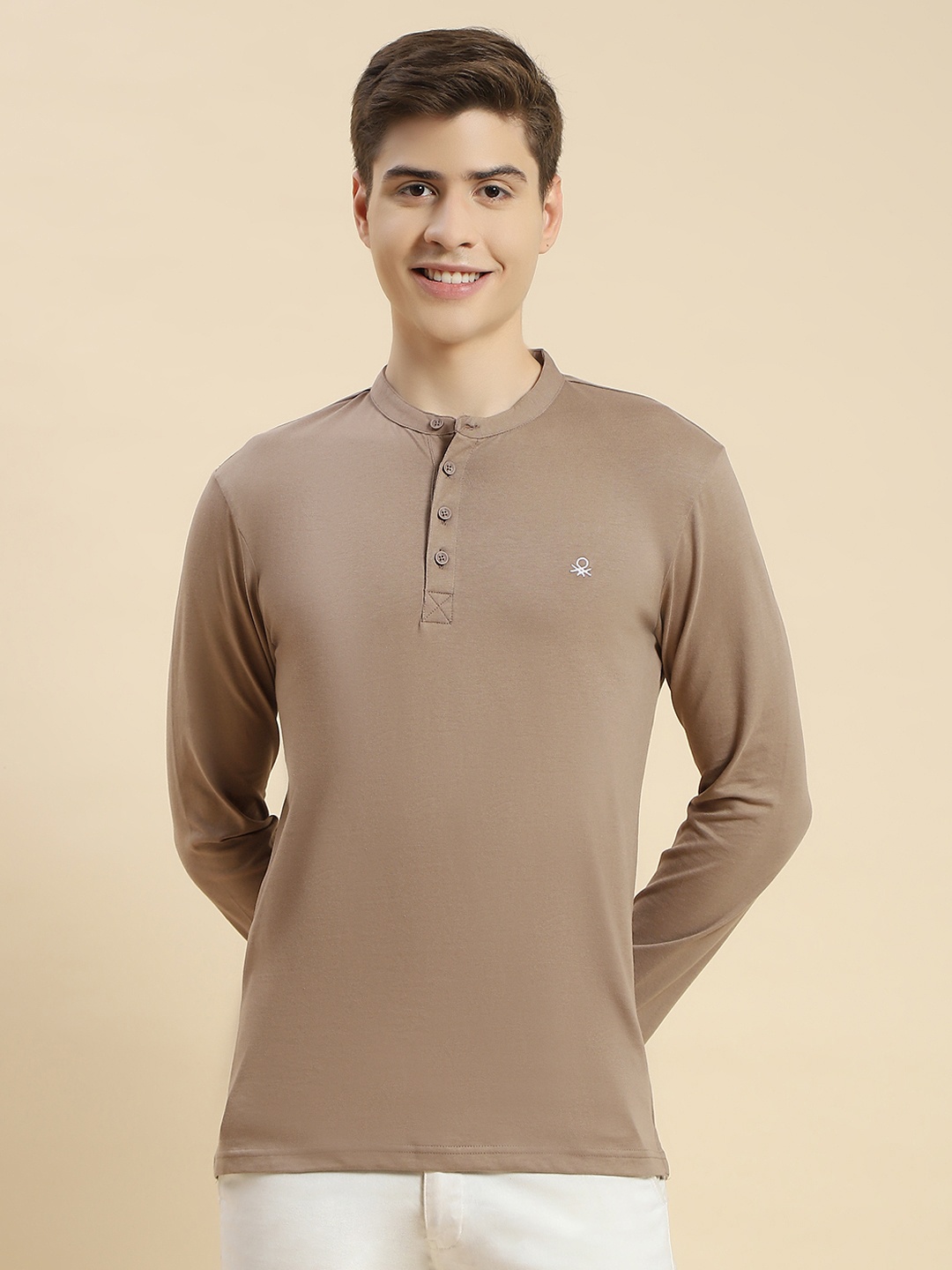 

United Colors of Benetton Henley Neck Pure Cotton Slim Fit T-shirt, Taupe