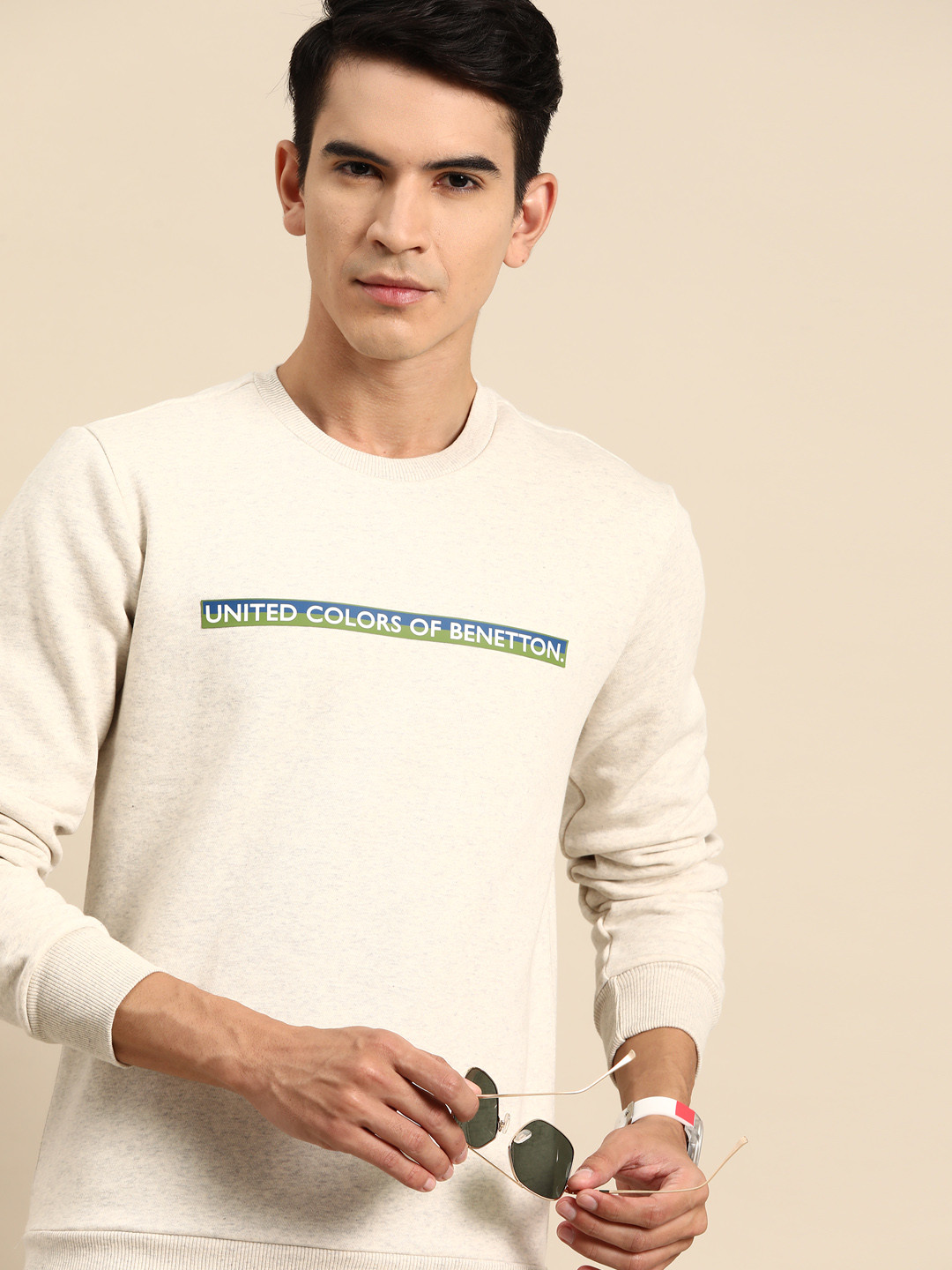 

United Colors of Benetton Men Brand Logo Printed Sweatshirt, Cream