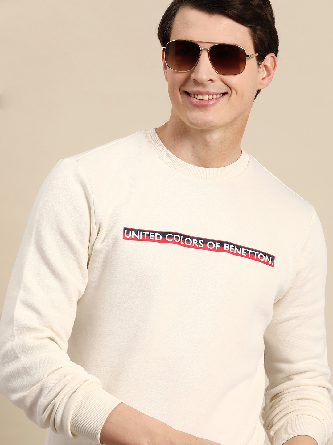 

United Colors of Benetton Men Brand Logo Printed Sweatshirt, Off white