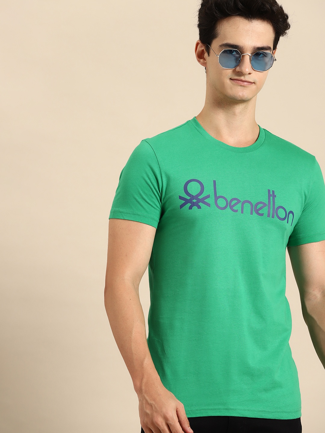 

United Colors of Benetton Men Brand Logo Printed Pure Cotton T-shirt, Green