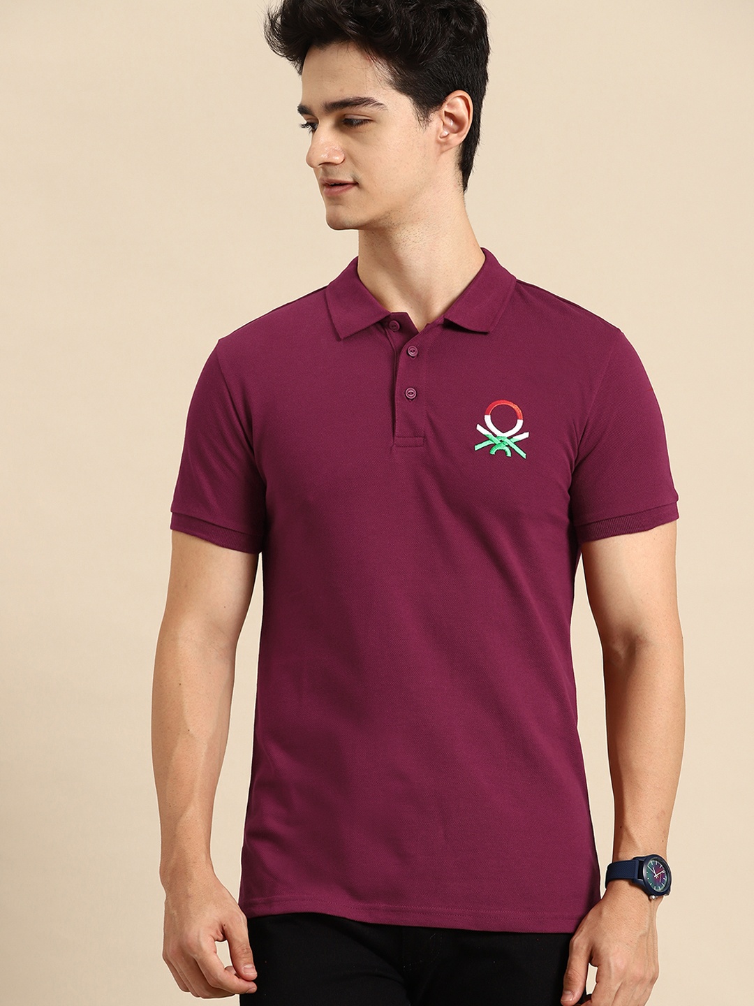 United Colors of Benetton Men Polo Collar Pure Cotton T-shirt, Burgundy
