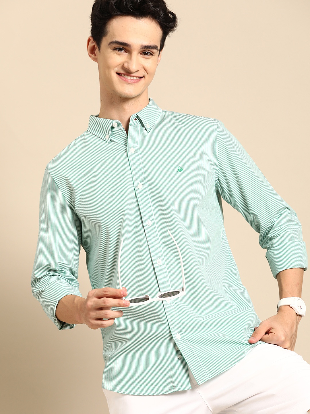 

United Colors of Benetton Slim Fit Striped Cotton Shirt, Green