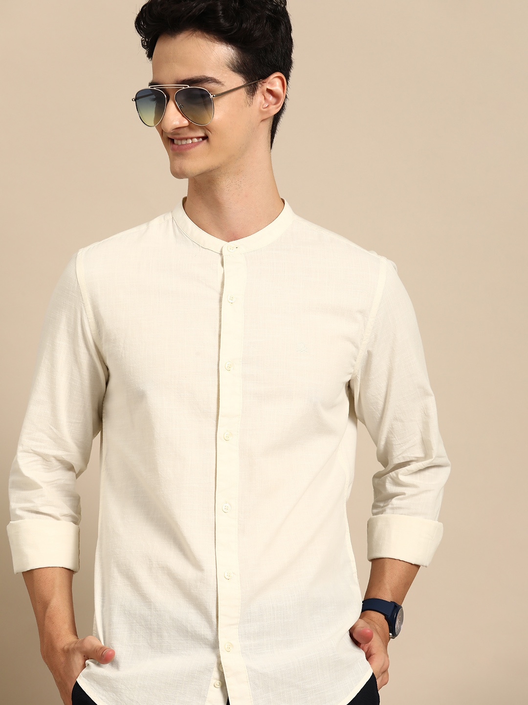 United Colors of Benetton Slim Fit Pure Cotton Shirt, Cream