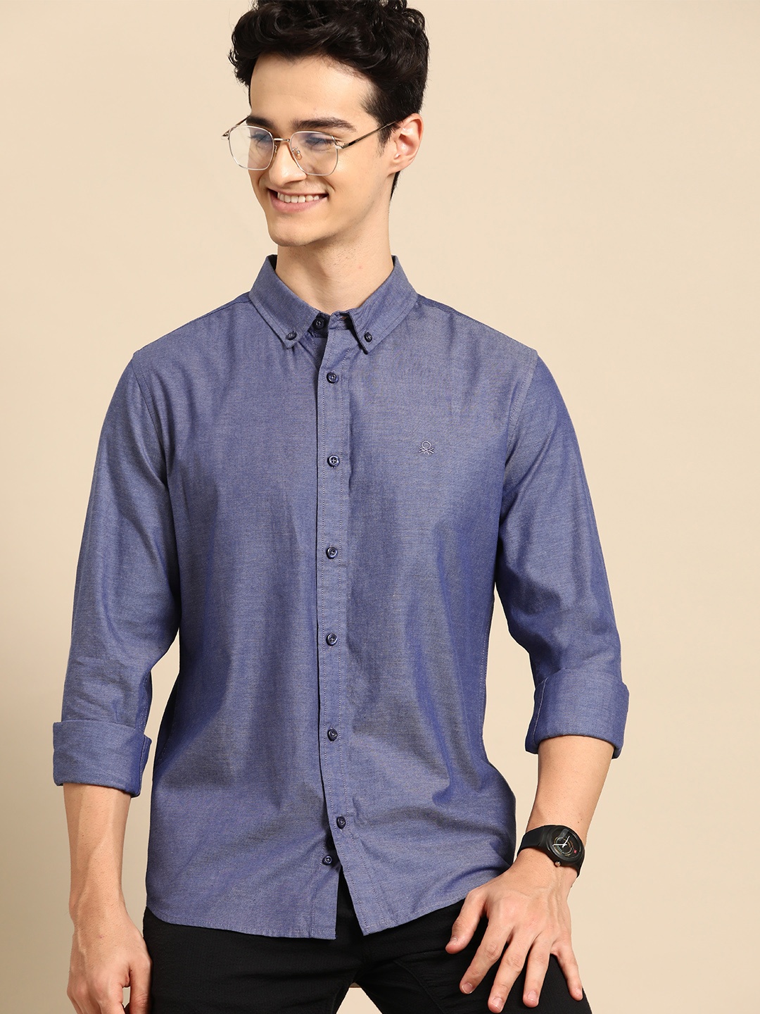 

United Colors of Benetton Slim Fit Pure Cotton Oxford Shirt, Navy blue